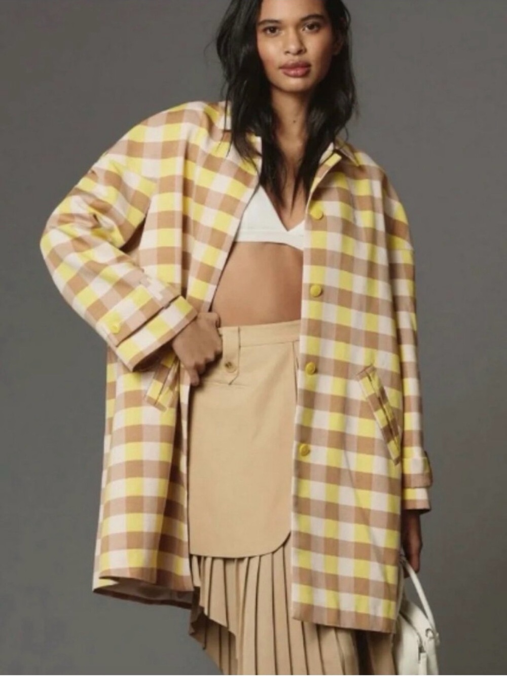 Maeve Checked Pea Coat in Yellow and Beige
